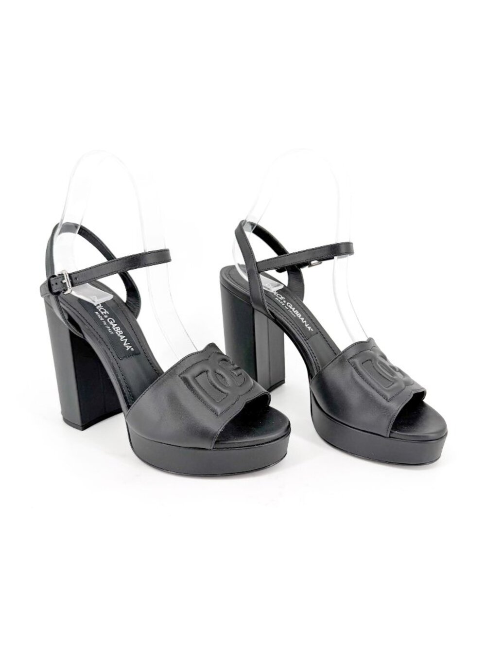 Dolce & Gabbana Keira DG Platform Sandals Black Leather Size 38 US 8 Women’s